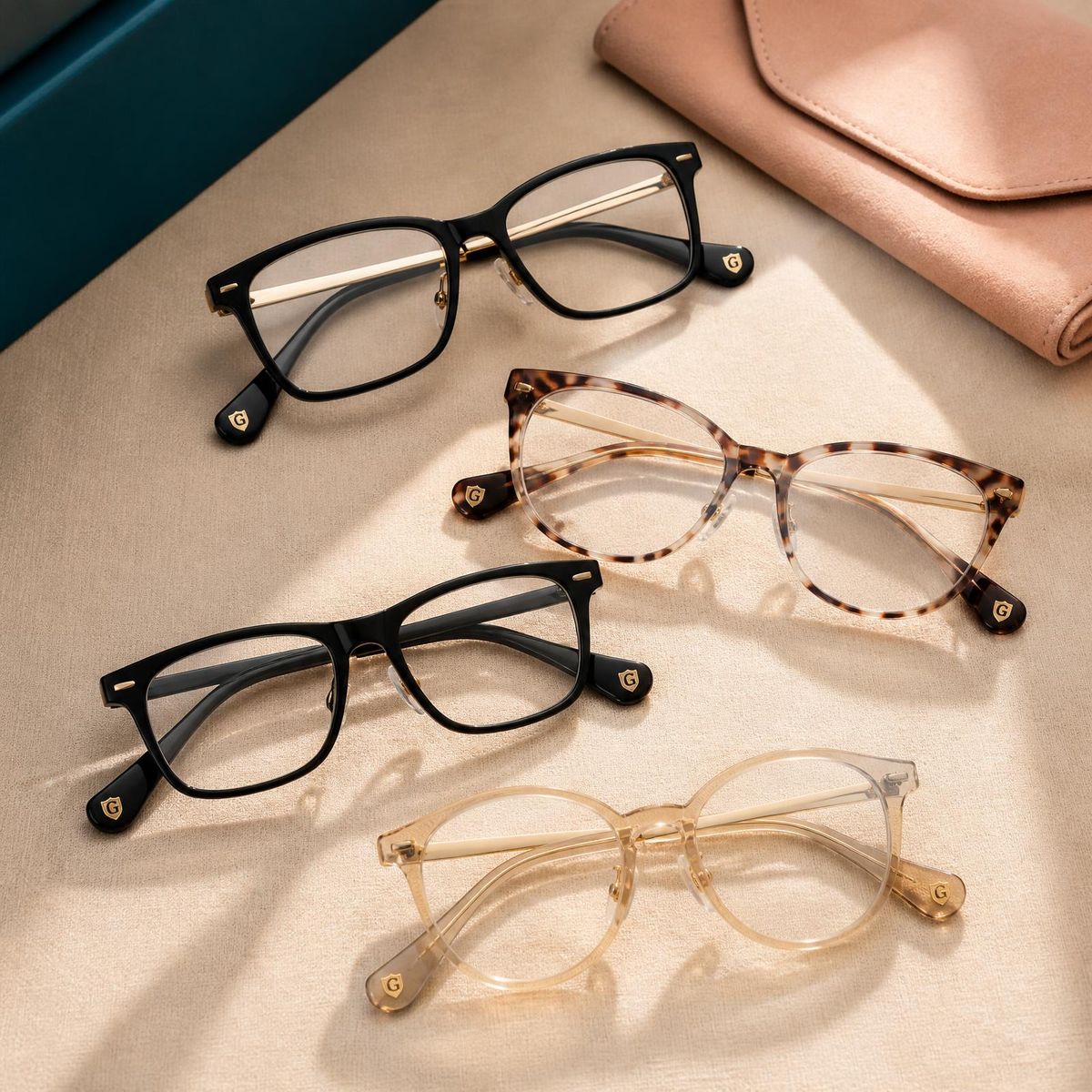The Eyegis collection — four premium acetate frames arranged with signature peach packaging