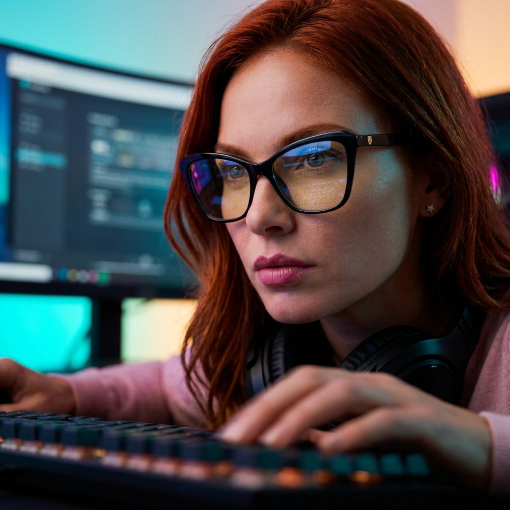 Gamer during a late-night session wearing Eyegis Meridian — filter tuned for hours of screen exposure.