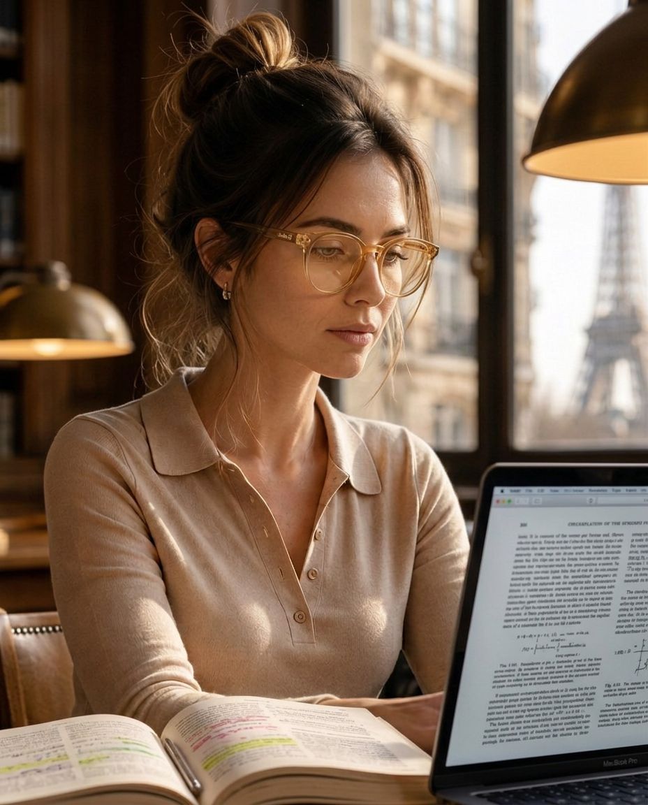 Student reading long-form text wearing Eyegis Marais blue-light glasses — round lightweight frame, quiet study environment.