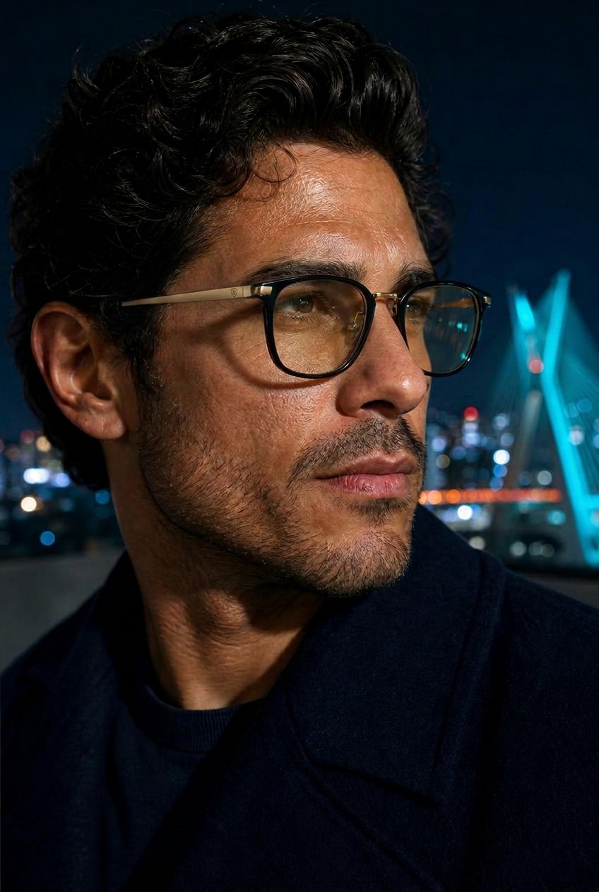 Eyegis Men's Collection — glossy acetate frame worn in São Paulo's night skyline.