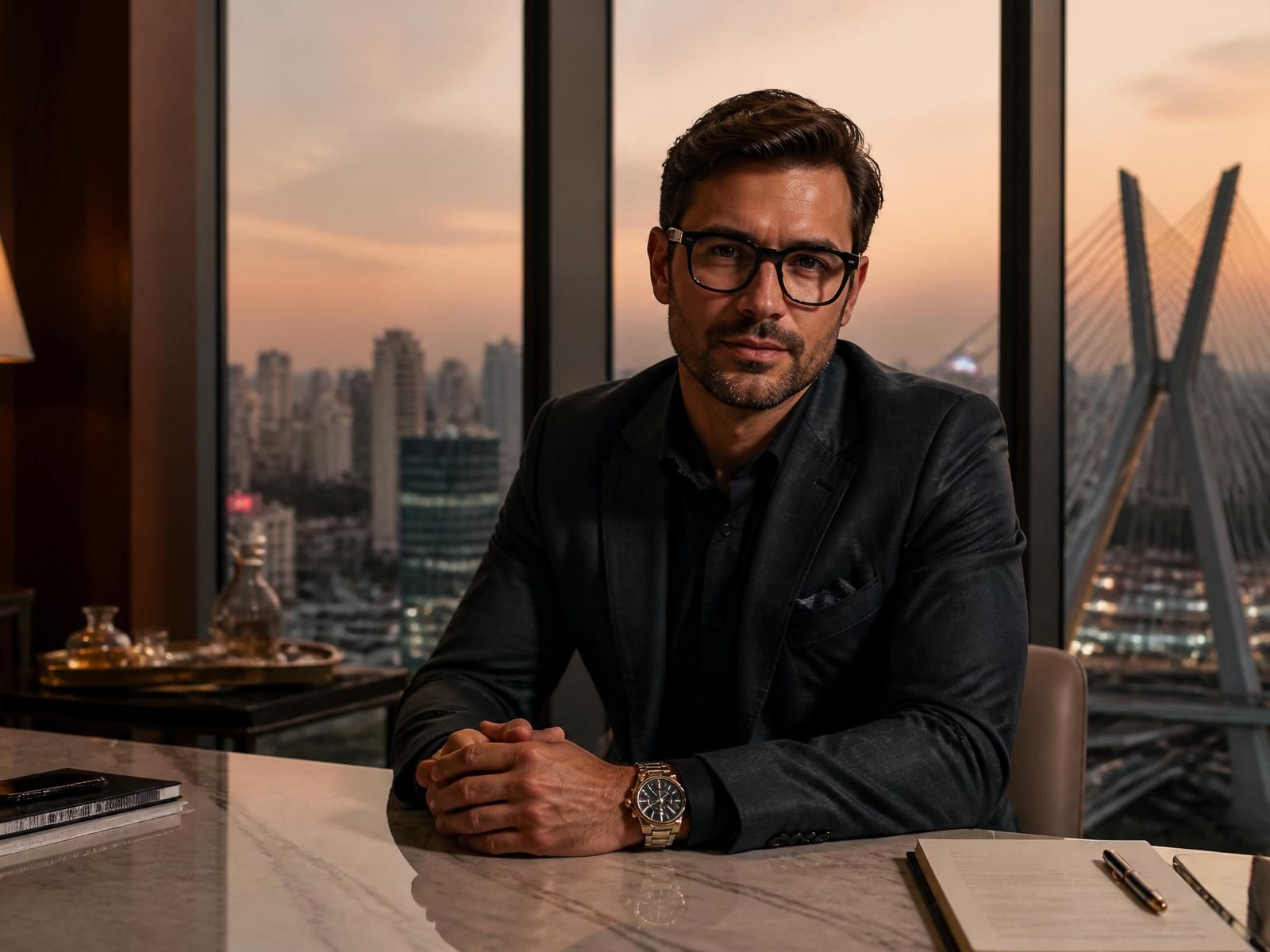 Executive at a marble desk overlooking the São Paulo skyline at dusk