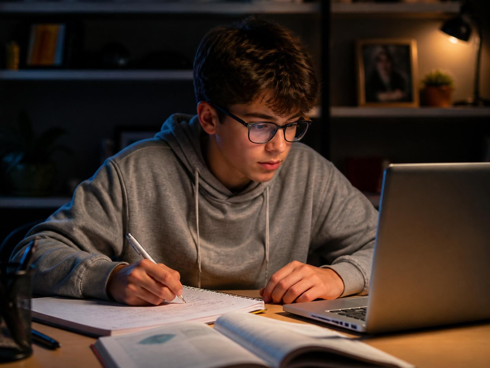 Student reading in a sunlit university library beside a laptop and tablet