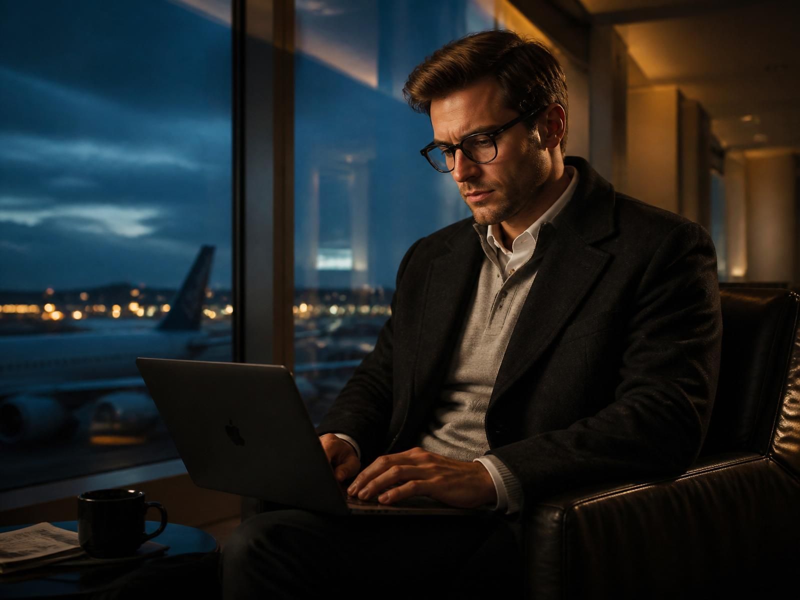 Traveler in a wool coat working on a laptop in a dusk airport lounge