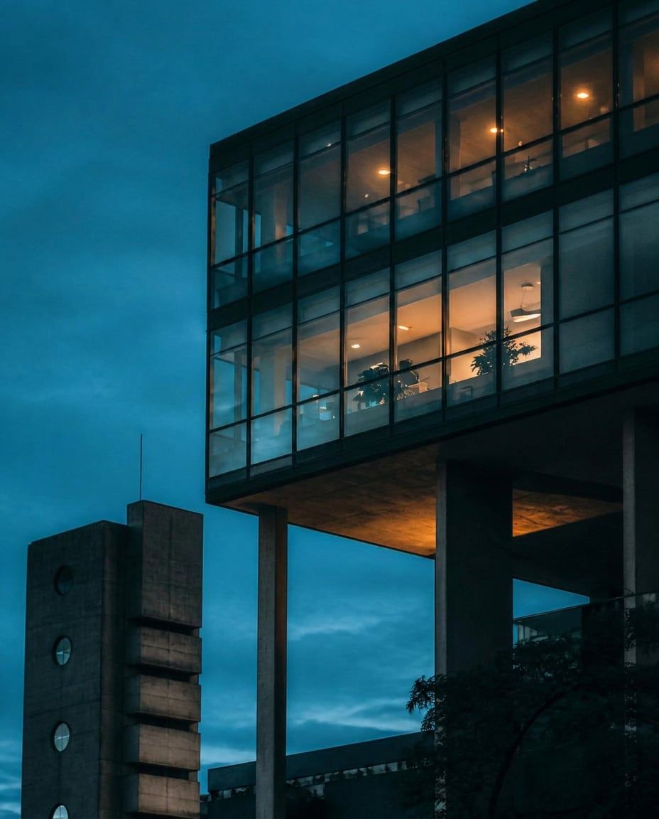 Minimalist architectural interior of concrete and glass, referencing the everyday environment where Eyegis Meridian glasses are worn.