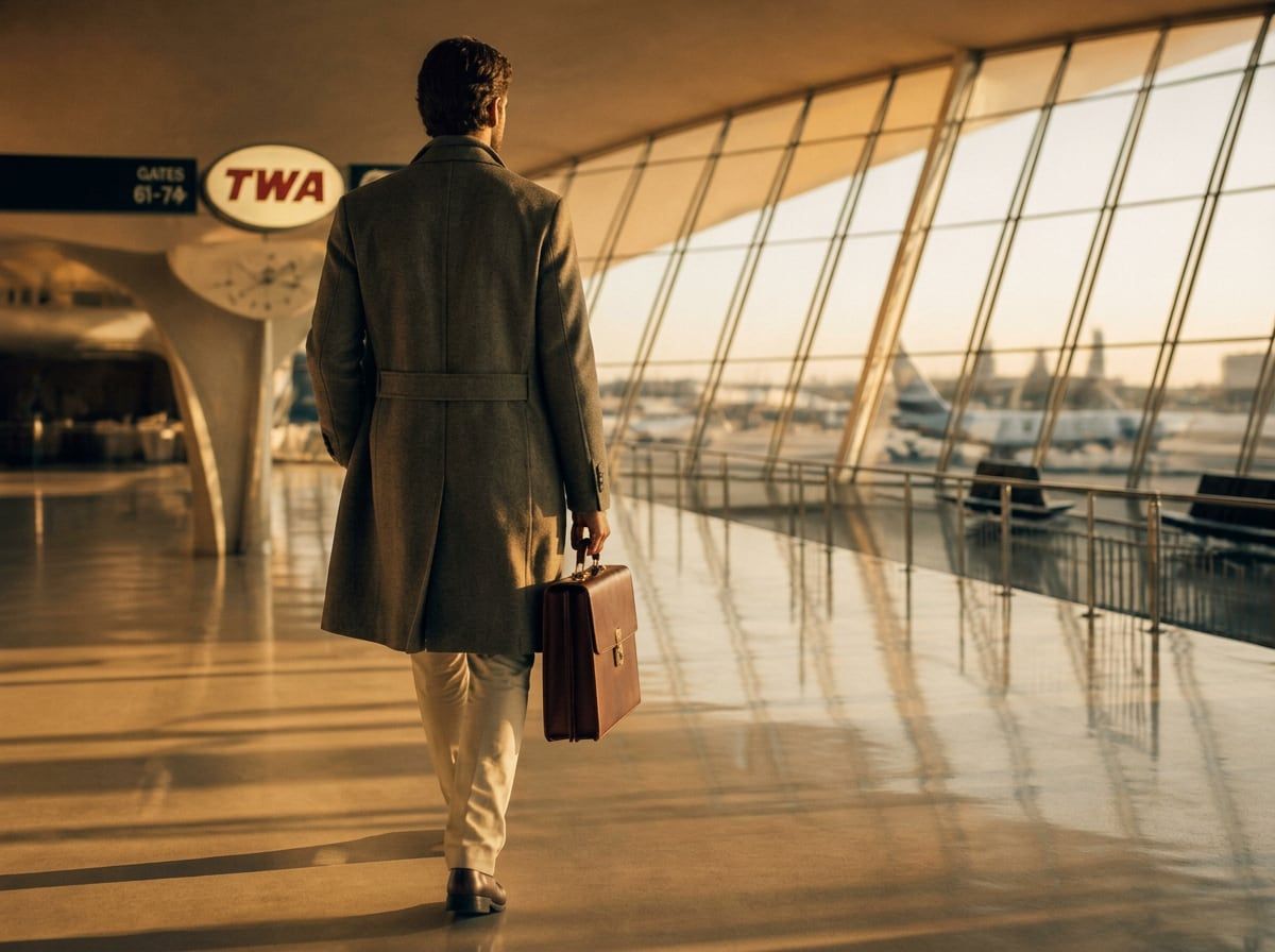 Business traveler waiting at an airport gate wearing Eyegis Atelier — lightweight TR90 frame for long-haul flights.