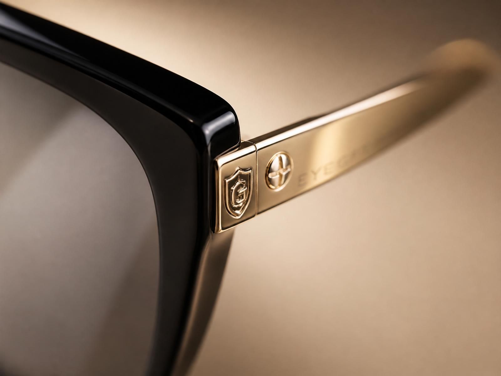 Men's Collection — glossy black acetate with polished gold temple — hinge macro