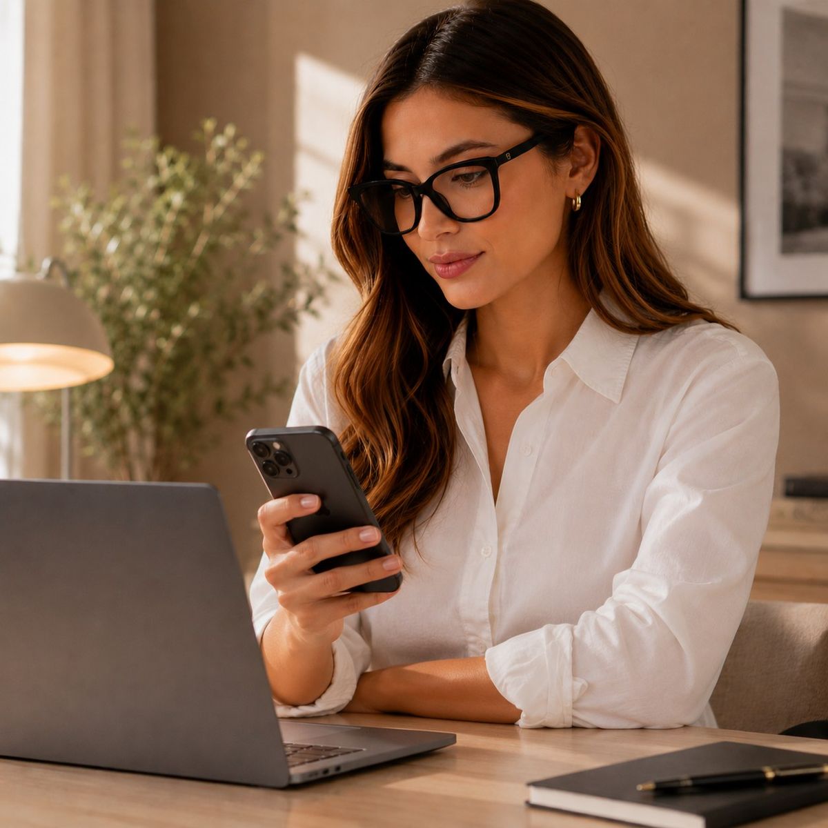 Woman working in a design studio wearing Eyegis Solène blue-light glasses with champagne acetate frame — natural daylight, unretouched.