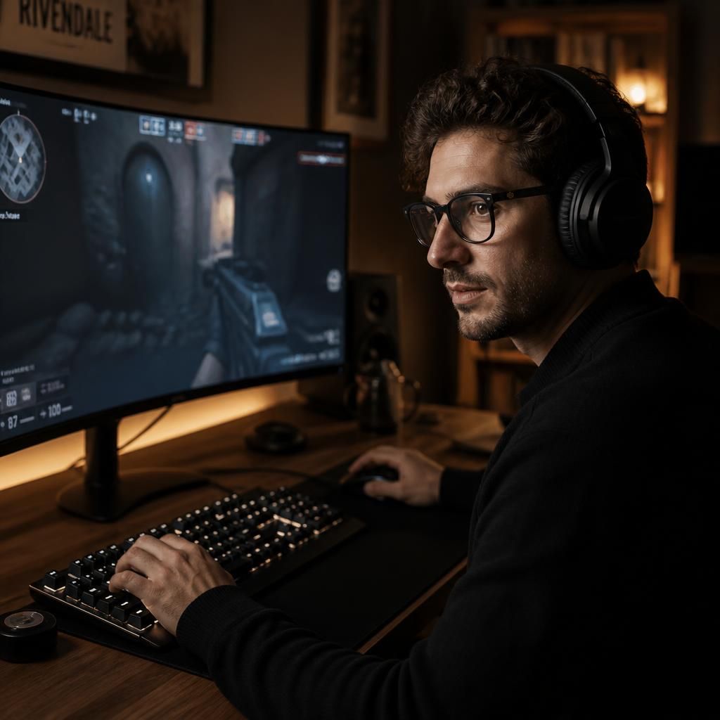 Live streamer on camera wearing Eyegis — dark frame that stays discreet under stage lighting.