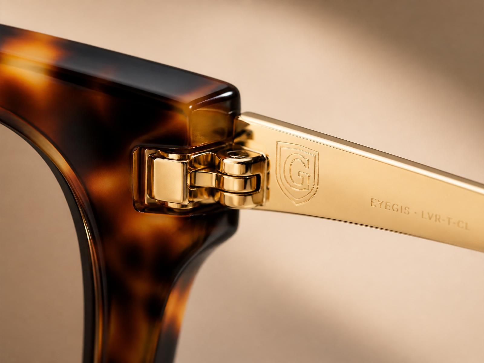 Women's Collection — tortoise acetate with gold temple engraving — hinge macro